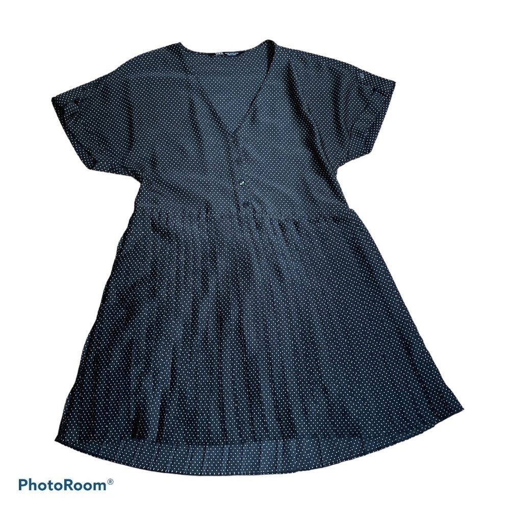 Zara black polka dot satin pleated dress XS